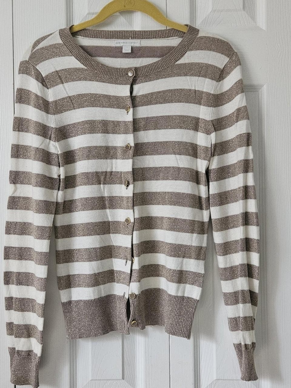 New York & Company Striped Metallic-Thread Cardigan Sweater - Cream & Taupe